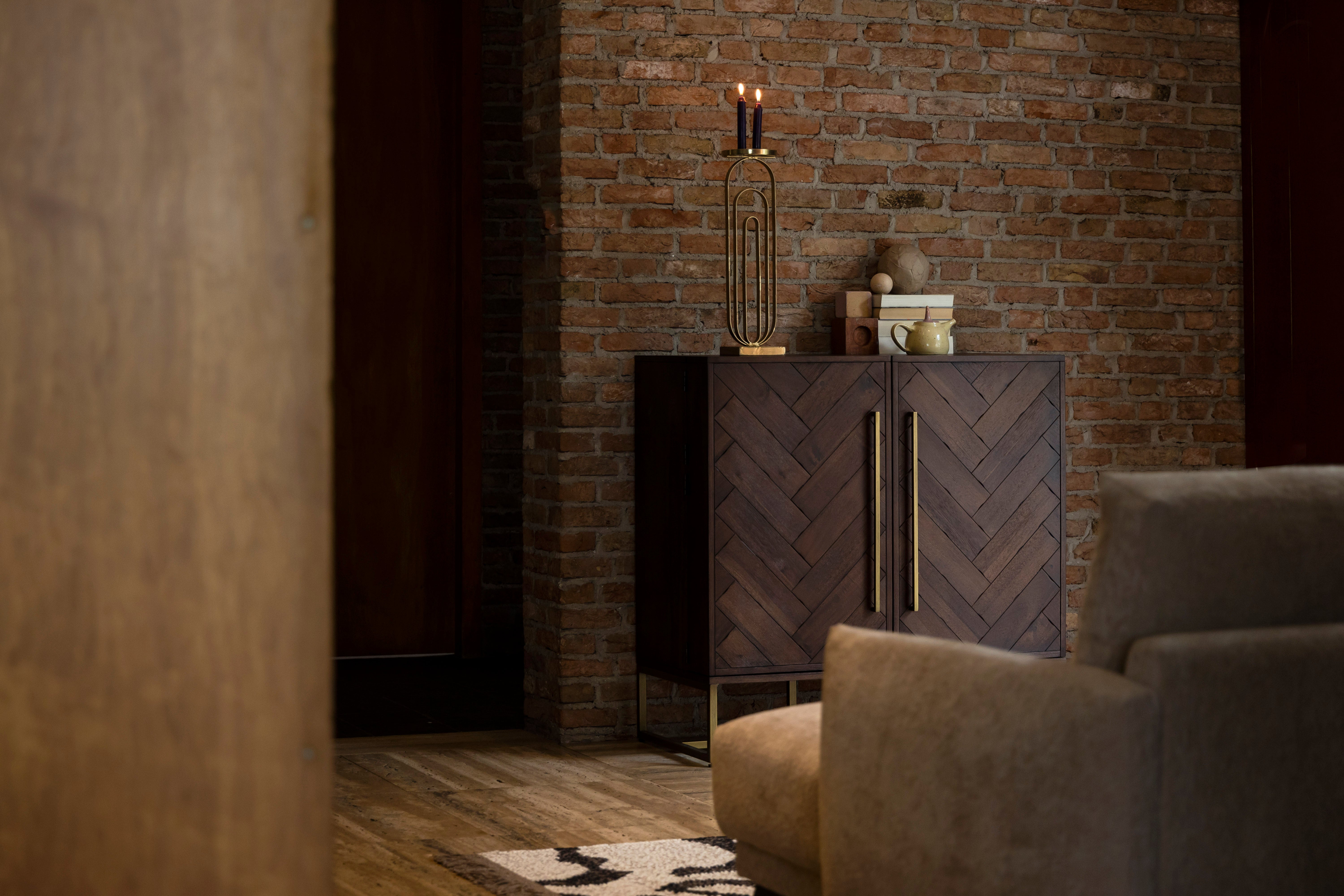 Dutchbone Class Herringbone Brown Acacia Wood Drinks Cabinet